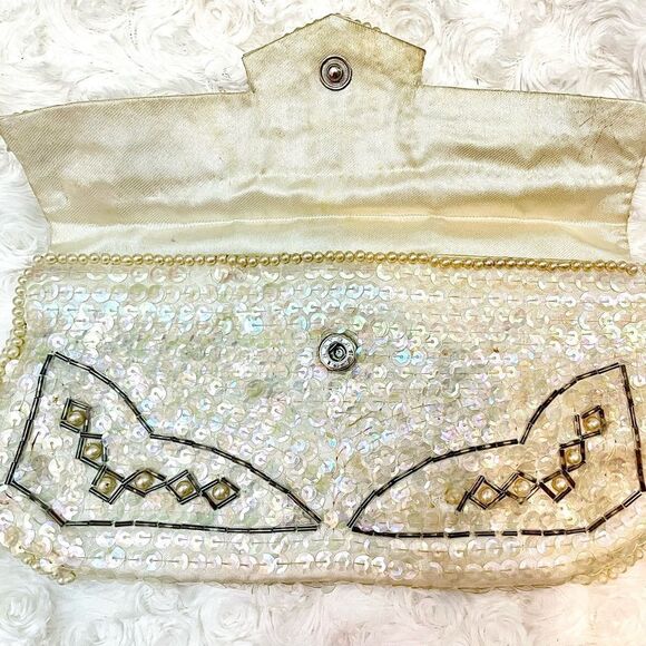 Vintage 1950s Mid-Century Modern Beaded Sequin Evening Clutch Envelope Purse - Picture 4 of 14